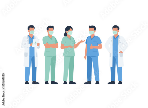 A flat vector illustration shows a group of doctors and nurses in coats and face masks standing together, with a banner featuring medical staff or hospital workers in uniform, all set against a white