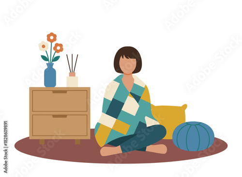 A woman on the floor at home practices meditation, breath control, yoga, and mindfulness, depicted in a calm, colored flat vector illustration