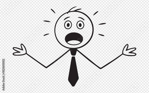 Shocked stick figure businessman with arms raised in disbelief and wide eyes, perfect for expressing surprise, frustration, or unexpected news
