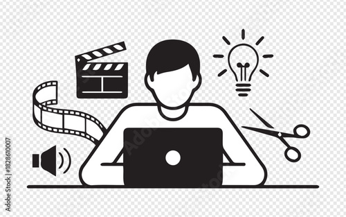 Creative video editor working on laptop with film reel, clapper board, lightbulb idea and scissors in a modern minimalist design for digital projects