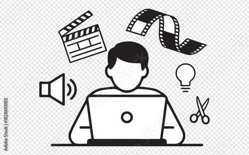 Creative professional crafting a cinematic masterpiece on laptop, surrounded by filmmaking icons, perfect for media and design projects, a modern production story