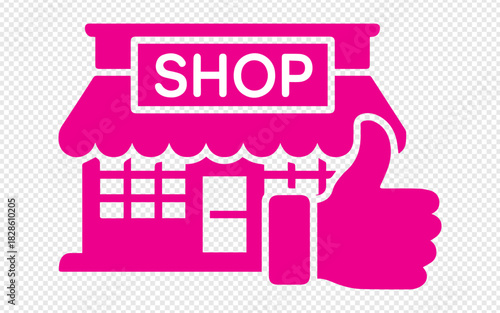 Approved local shop with thumbs up for quality service, a vibrant pink icon of business success and customer satisfaction guarantee