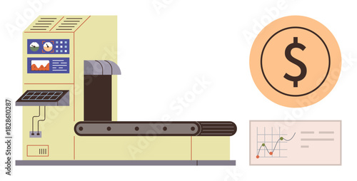 Industrial machine with conveyor belt, economic stats on screen, money icon, and growth chart. Ideal for manufacturing, automation, industrial systems, economics, efficiency productivity simple
