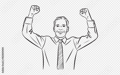 Triumph sketch illustration of a cheerful businessman, celebrating great achievements with enthusiasm, exuding confidence and success in a modern business setting