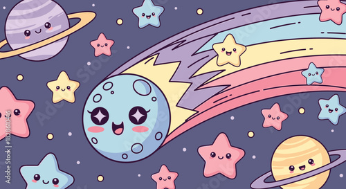 Cute Kawaii Space Scene with Planets and Stars.