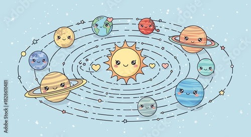 Cute Solar System with Kawaii Planets and Sun.