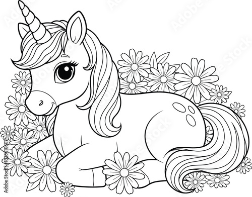 Cute baby unicorn lying down in flowers coloring book page for kids, black and white outline vector illustration of fantasy animal character design art