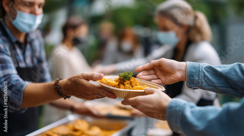 Volunteers serving food, poor people outdoors, meal distribution program, hunger relief effort, community kitchen service, charitable feeding activity, food security initiative, fa