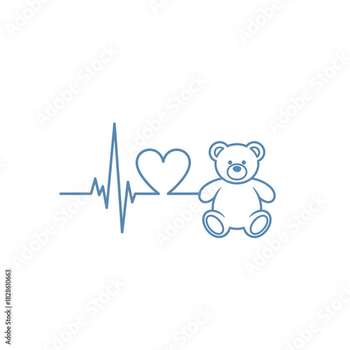 Teddy bear heartbeat line art illustration design.