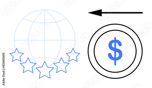 Global economy. ation of worldwide financial flow with a dollar symbol, globe, and stars indicating quality or rating. Global economy in investment, trade, and ratings. For finance, business trade