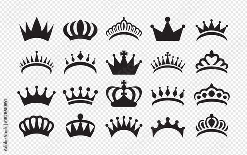 Elegant crown silhouettes for royal designs, perfect for branding, invitations, and fairytale themes, adding a touch of regal charm, and timeless elegance.