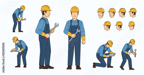 xpert Plumber Character Pack  Male Technician Repairing Pipes with Wrench, Full Body Multi-Angle Vector Kit with Modular Poses and Animation-Ready Parts