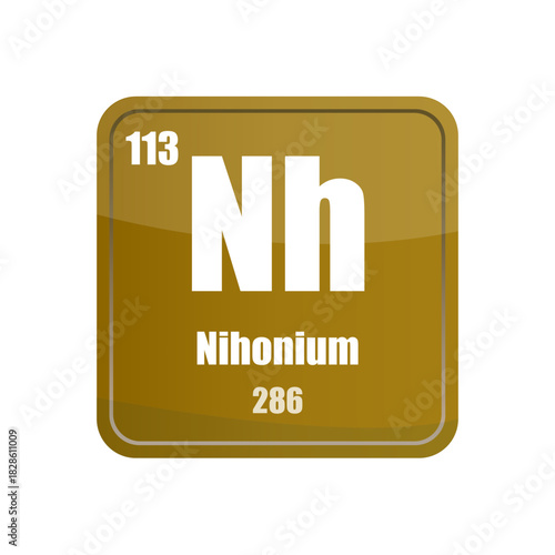 Nihonium element tile. Atomic number one hundred thirteen. Brown gold Vector square. Periodic table graphic.