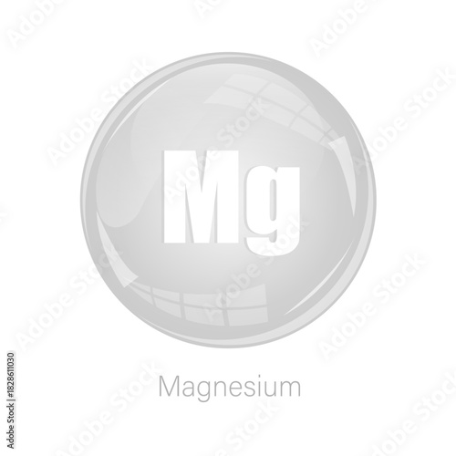 Magnesium chemical symbol. Mg element icon. Glossy sphere ball. Science vector button.