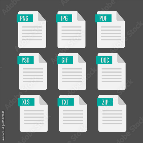 File format icons. Digital document vector. Graphic extension symbols. Computer storage files.