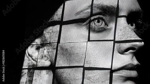 Close-up grayscale portrait, face overlaid with grid of images