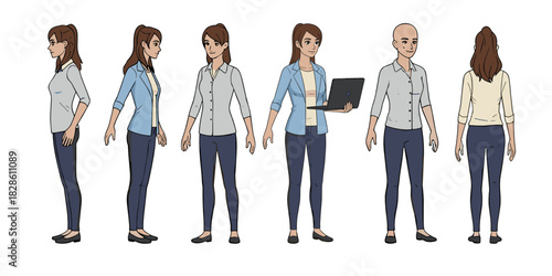 Professional Young Business Woman Character Pack  Casual Female with Laptop, Multi-Angle Full Body Vector Builder with Interchangeable Poses and Animation-Ready Parts