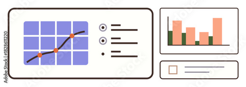 Dashboard interface featuring line chart, bar graph, and checkboxes for data analysis. Ideal for analytics, business, technology, productivity, reports, user interface simple flat metaphor