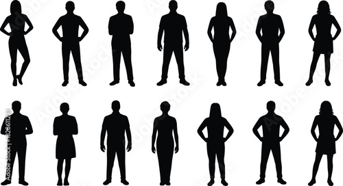 Standing silhouettes, diverse figures, casual poses, hands on hips, arms crossed, black outline, posture study, gesture reference, body language, character stance