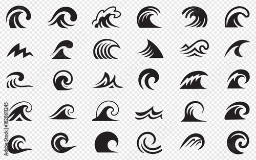 Dynamic ocean wave icons for branding projects or logo designs, perfect for coastal businesses and nautical themes, offering a fresh, modern aesthetic