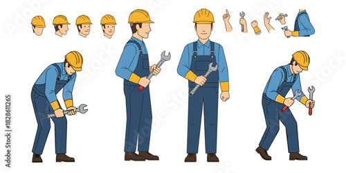 Skilled Plumber Character Kit  Male Technician Fixing Pipes with Wrench, Multi-View Full Body Vector Pack with Modular Poses and Animation-Ready Body Parts