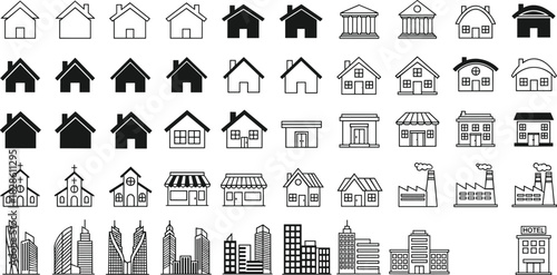 Large Vector Icon Set of Buildings, Including Houses, Shops, Churches, Skyscrapers, and Factories for City and Real Estate Maps.