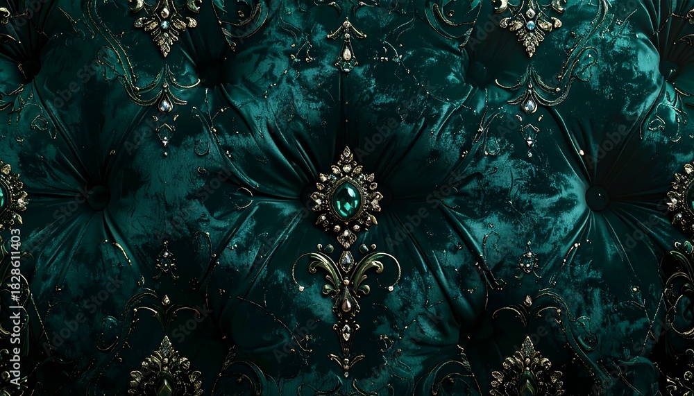 Naklejka premium Opulent Emerald Velvet Tufted Upholstery with Ornate Gold Filigree and Sparkling Gemstone Embellishments