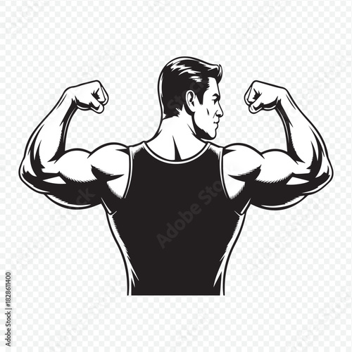 Powerful muscular man flexing biceps, black and white illustration perfect for gym branding, fitness apparel designs, and motivational campaigns