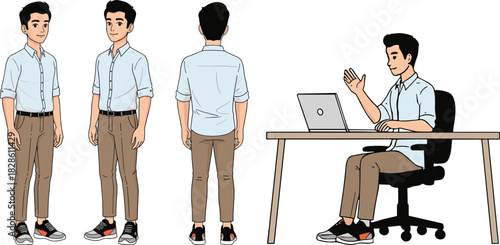 Trendy Young Male Office Worker Character Kit  Casual Professional in Modern Outfit, Multi-View Full Body Vector Builder with Modular Poses and Animation-Ready Parts