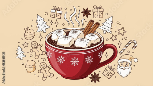 A festive mug of hot chocolate with marshmallows and cinnamon sticks surrounded by christmas icons