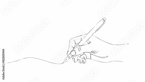 A hand holding a fountain pen drawing a line on a white background in a sketch style illustration