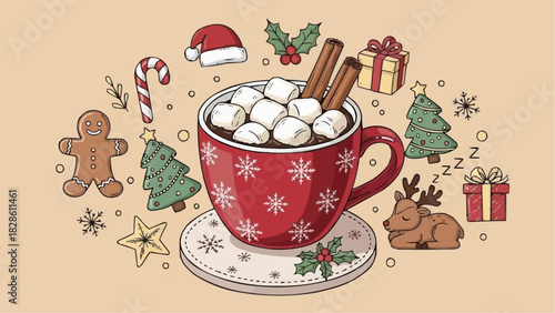 Festive christmas scene with hot chocolate marshmallows and holiday decorations in a cozy setting