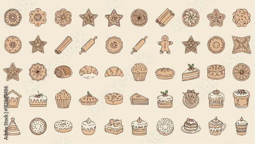 Illustration featuring an assortment of baked goods including cookies cakes pies and pastries in a grid layout