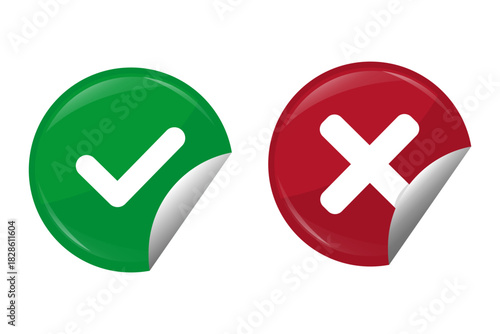 Check and cross. Approval and rejection. Dual decision vector. Glossy button pair.
