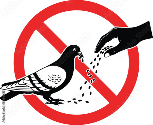 Do not feed the pigeons sign, vector illustration of prohibited bird feeding symbol, red warning icon for park rules, hand giving seeds to animal