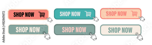 Shop now buttons. Online store link. E commerce vector. Click purchase symbol.
