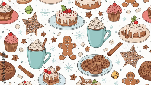 Seamless christmas pattern featuring gingerbread man, cakes, cookies, hot chocolate and snowflakes design