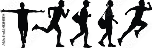 Walking silhouettes, running figures, bag carriers, dynamic motion, travel gesture, commuter stance, black outline, posture study, lifestyle movement, urban activity