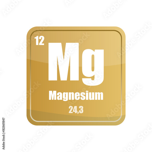 Magnesium chemical element tile. Atomic number twelve. Mg sign Vector icon. Gold yellow square shape.