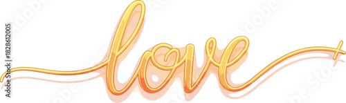 Elegant golden 3D love text design with cursive lettering and shadow effect for Valentine's Day greeting card, wedding anniversary celebration banner and romantic art