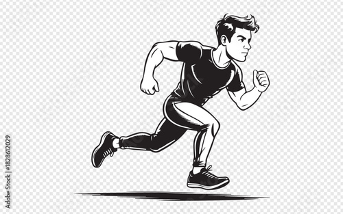 Dynamic black and white illustration of a determined runner sprinting forward with intense focus, perfect for fitness campaigns and sports branding