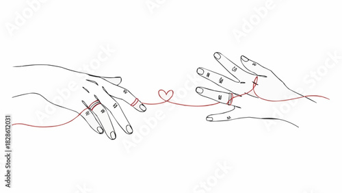 Two hands connected by a red string of fate forming a heart shape in a minimalist line drawing style