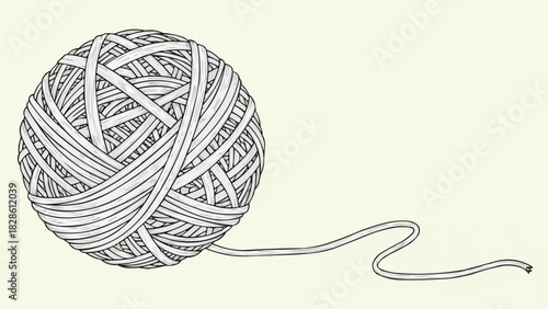 A ball of yarn unraveling with a loose end on a cream background in a sketch style illustration