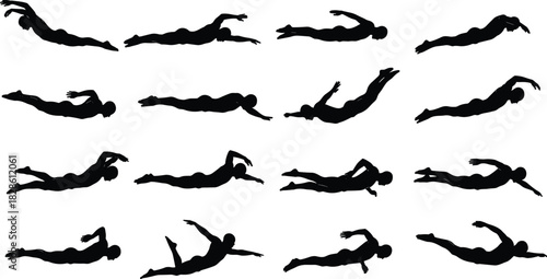 Black Silhouette Set of Swimmers in Various Poses, Illustrating Swimming Strokes, Sports, Training, and Aquatic Fitness Activities.