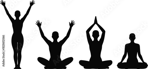 Yoga silhouettes, meditation poses, standing stretch, seated posture, black outline, wellness gesture, body balance, mindfulness icon, fitness motion, spiritual stance