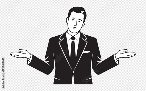 Confused businessman shrugging shoulders in disbelief, black and white illustration for uncertainty, ambiguity, or I don't know concepts in business contexts