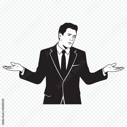 Frustrated businessman in suit shrugging with palms up, ideal for demonstrating confusion, uncertainty, or 'I don't know' scenarios in presentations
