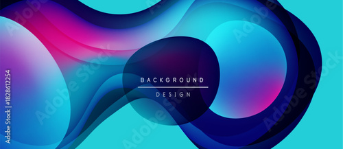 Abstract flowing shapes, vibrant blues, purples create dynamic background. Text reads background design within central overlap.