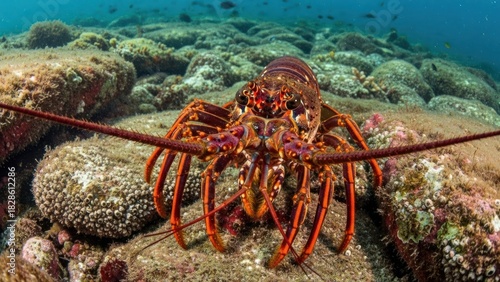 Fototapeta Naklejka Na Ścianę i Meble -  A vibrant lobster with red and orange claws on a coral reef with colorful coral and marine life.