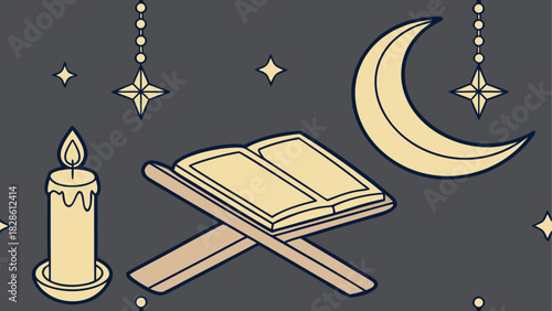 Open book candle moon and stars on dark background